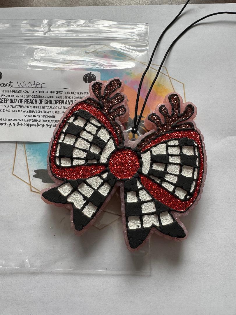 Black/White/Red bow w/ antlers... Winter scented || Car Freshie