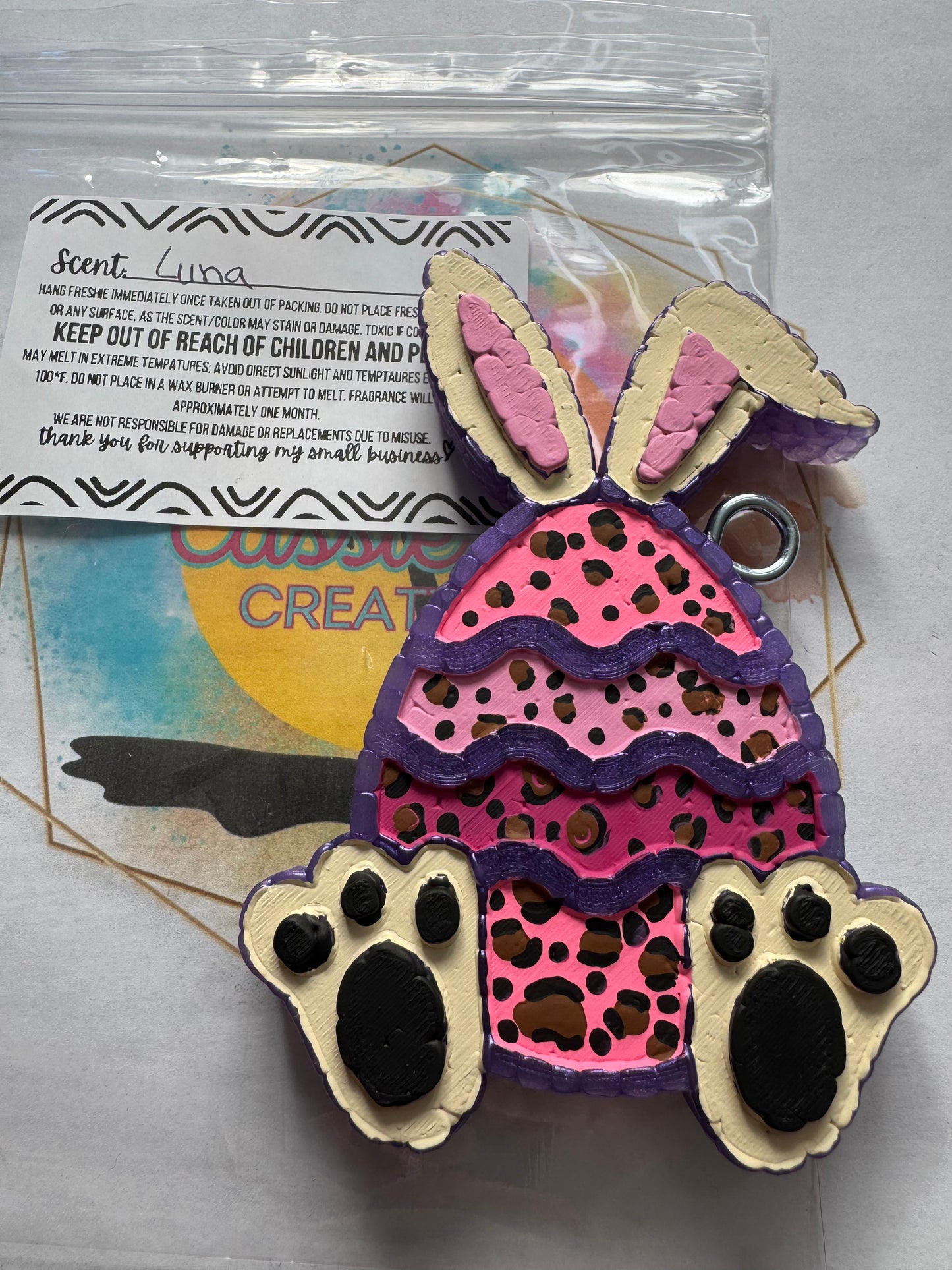 Leopard pink bunny stuck in egg car freshie || Luna scented