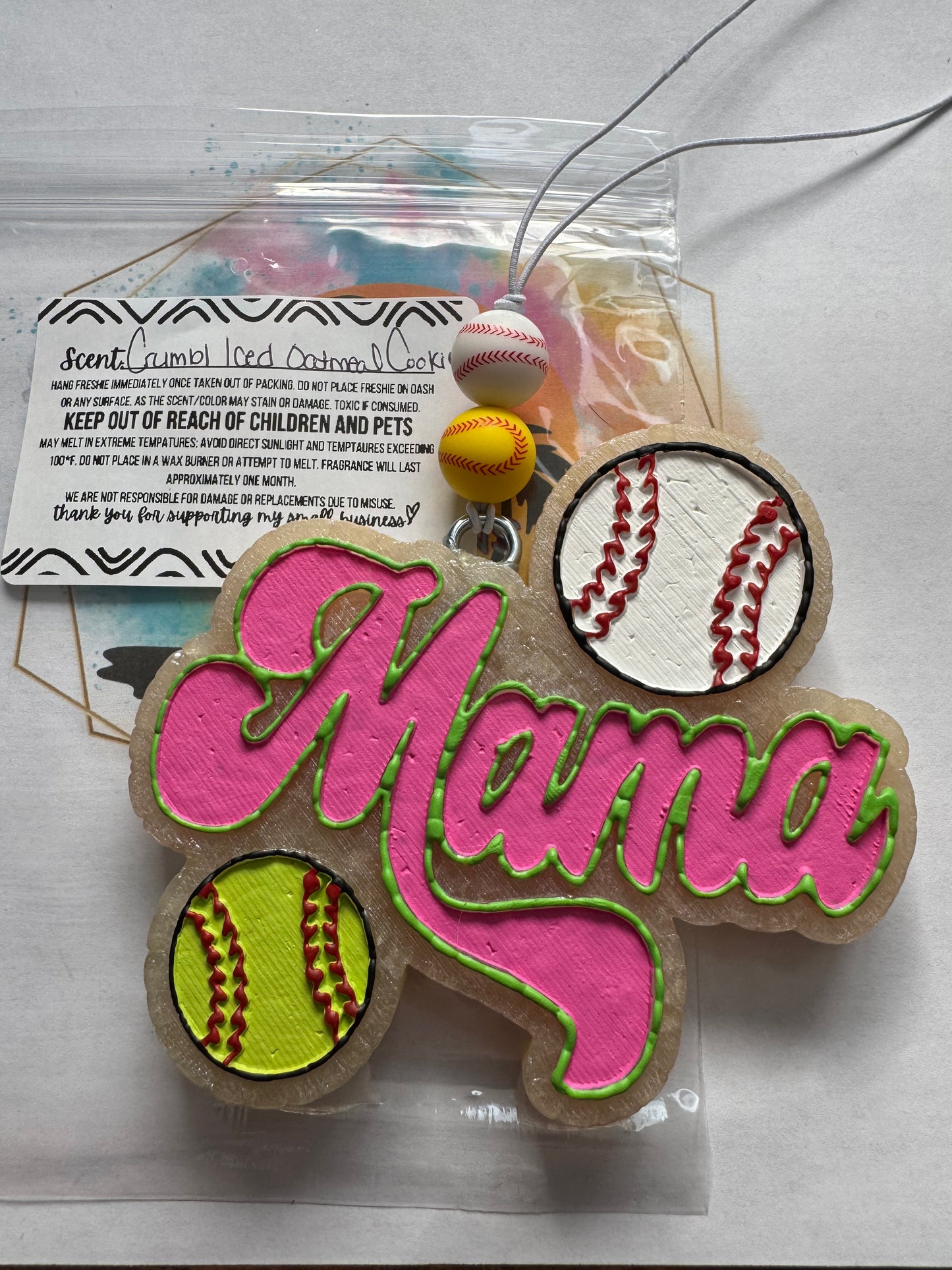 Pink Mama softball/baseball car freshie || Crumbl Iced Oatmeal Cookie scented