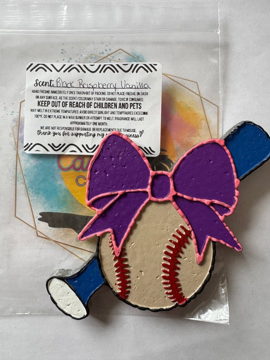 Baseball, bat & purple bow car freshie || Black Raspberry Vanilla scented