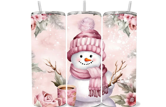 Snowman with Pink Hat and Coffee