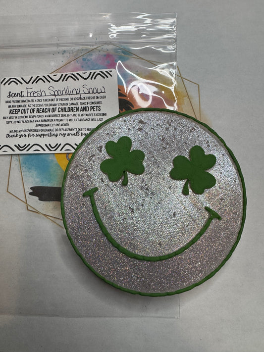 St. Patty smiley face car freshie || Fresh Sparkling snow scented