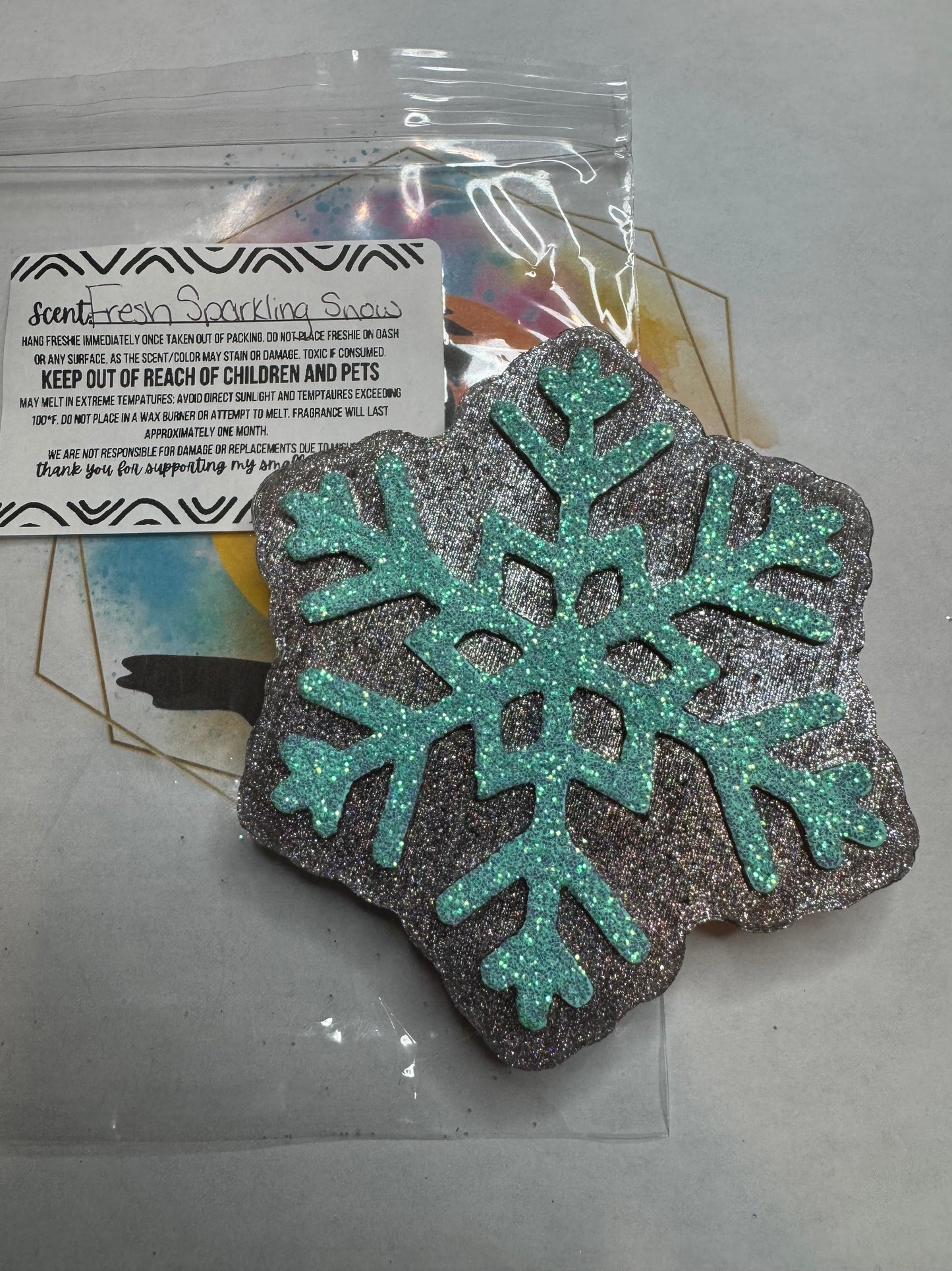 Light blue Snow Flake car freshie || Fresh Sparkling snow scented